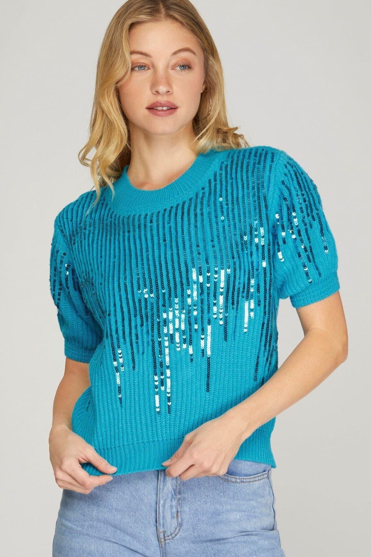 Aqua Sparkle Chic Short Sleeve Sweater