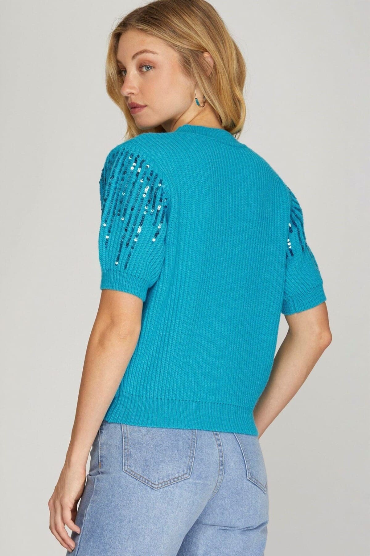 Aqua Sparkle Chic Short Sleeve Sweater - Image 2