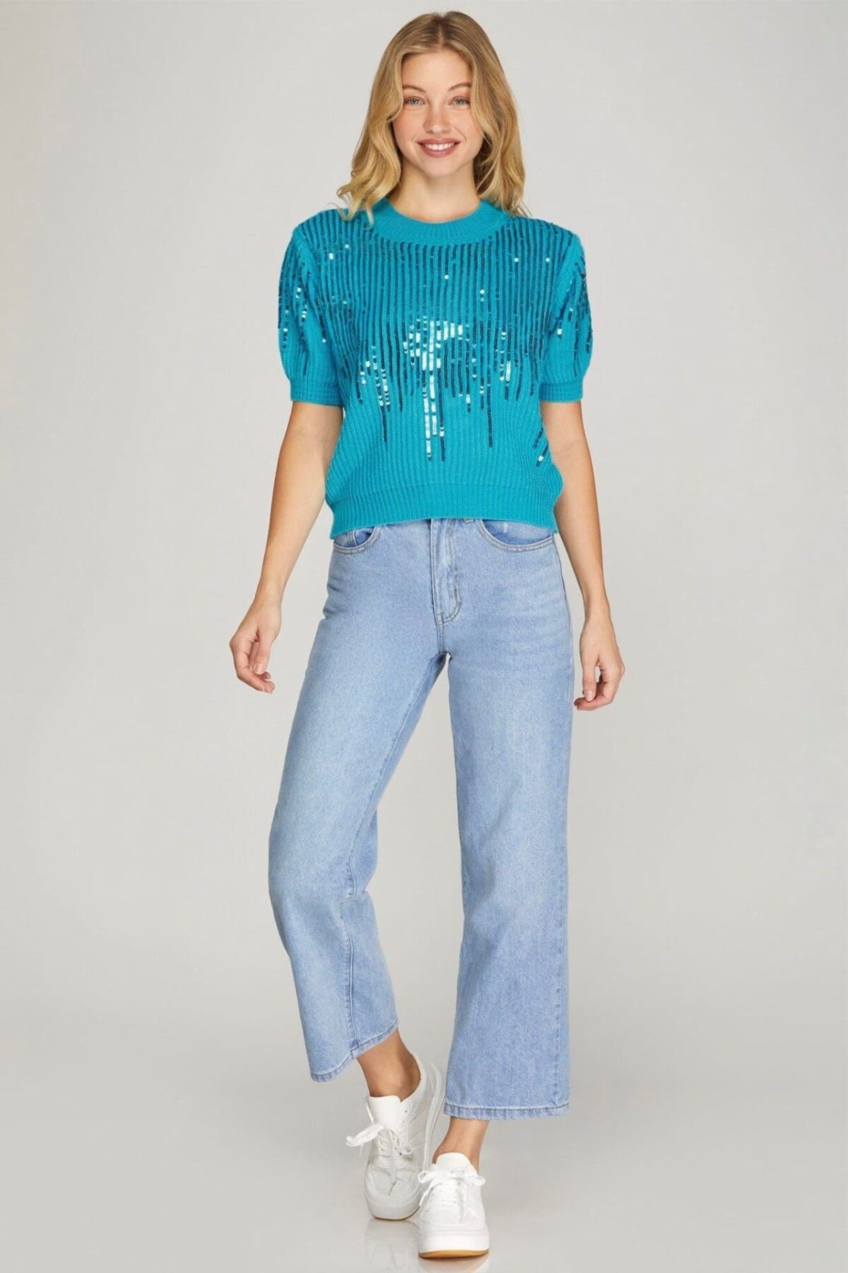 Aqua Sparkle Chic Short Sleeve Sweater - Image 4