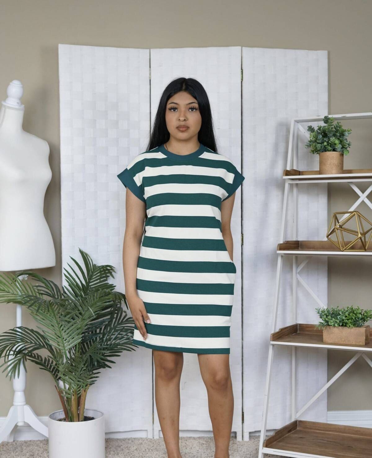 Green Striped Sleeveless Mini Dress