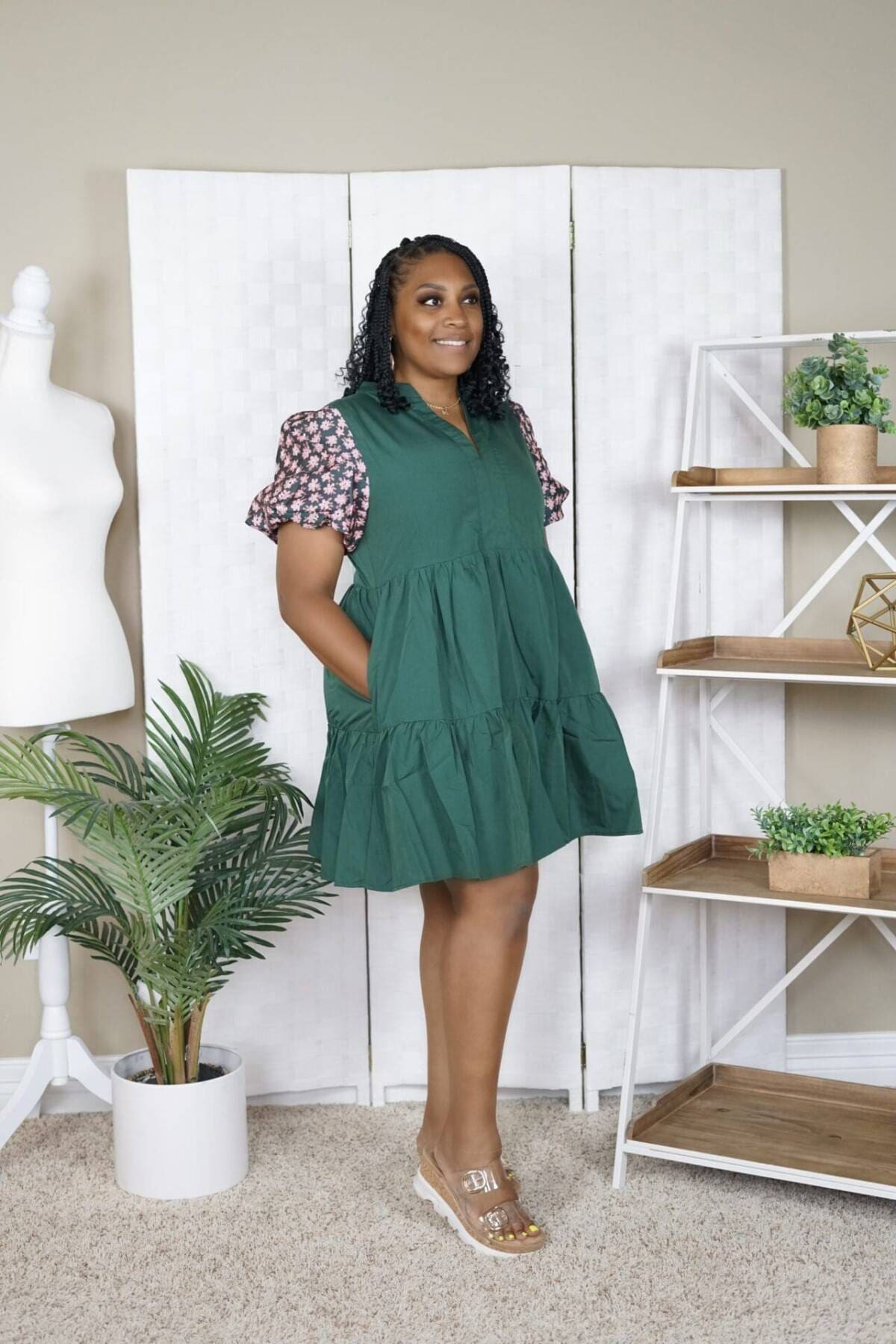 Green Floral Fusion Tiered Dress - Image 2