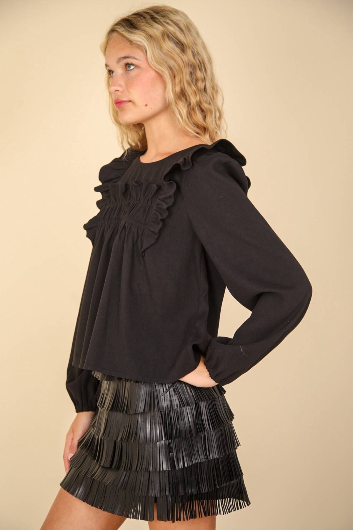 Black Ruffle Sleeve Woven Blouse - Image 2