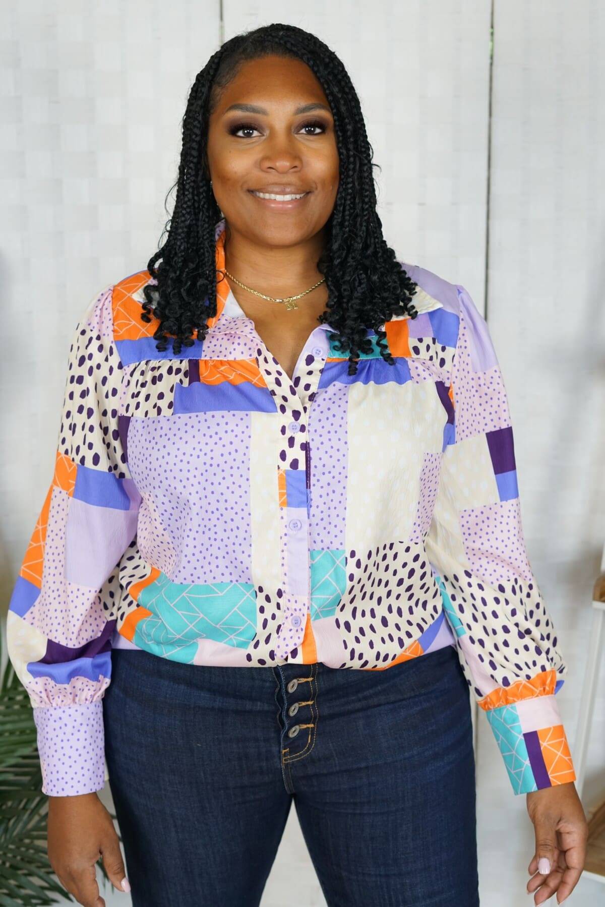 Mixed Pattern Collared Blouse