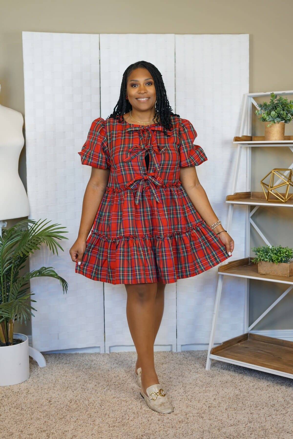 Christmas Plaid Bubble Sleeve Mini Dress - Image 2